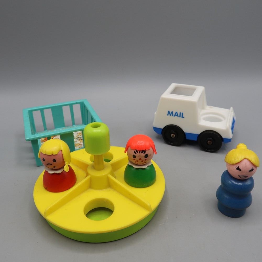 Vintage 70s Fisher Price Little People Playground Merry Go Round Wood People lot